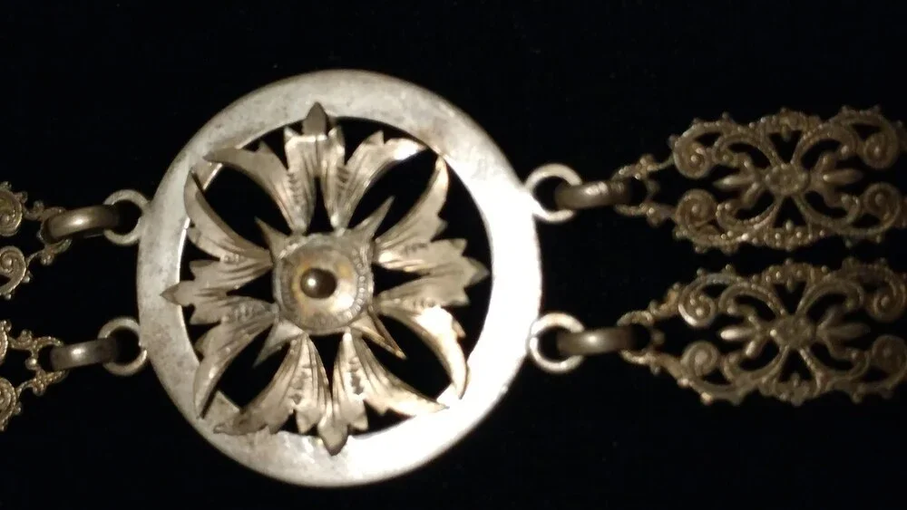 Victorian English Sterling Engraved Chain Belt Necklace Regal Fleur-de-lis Cross